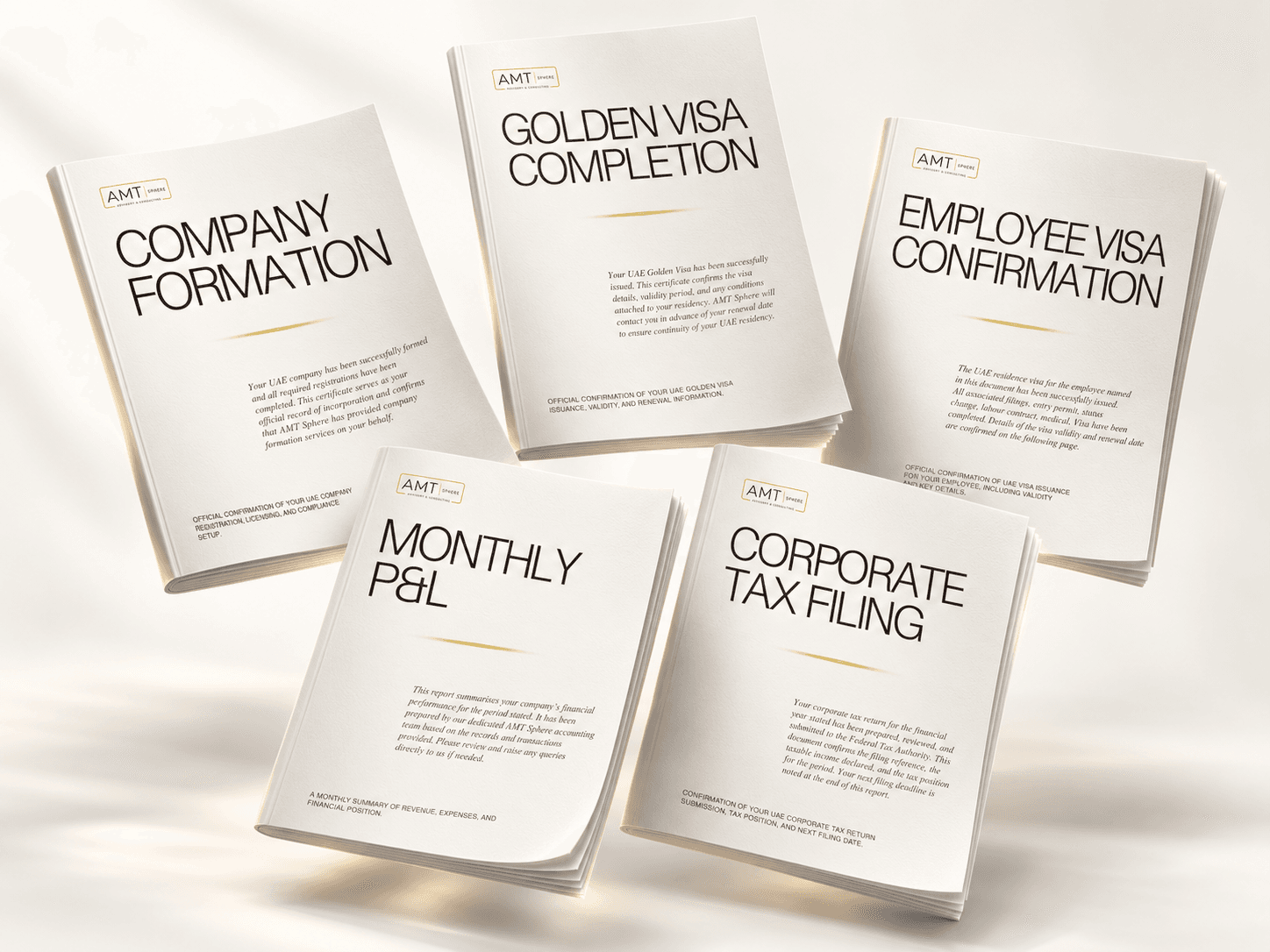 AMT Sphere portfolio booklets for company formation, Golden Visa, employee visa, monthly P&L, and corporate tax filing